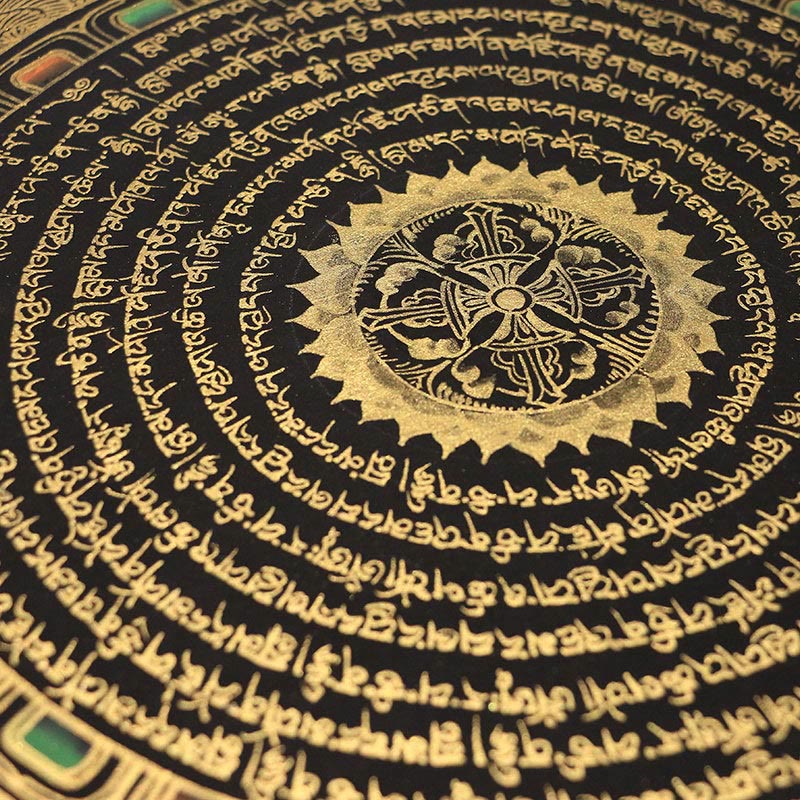 27 cm großes tibetisches Thangka-Gemälde mit sechs wahren Worten, Schrift, Meditationsdekor