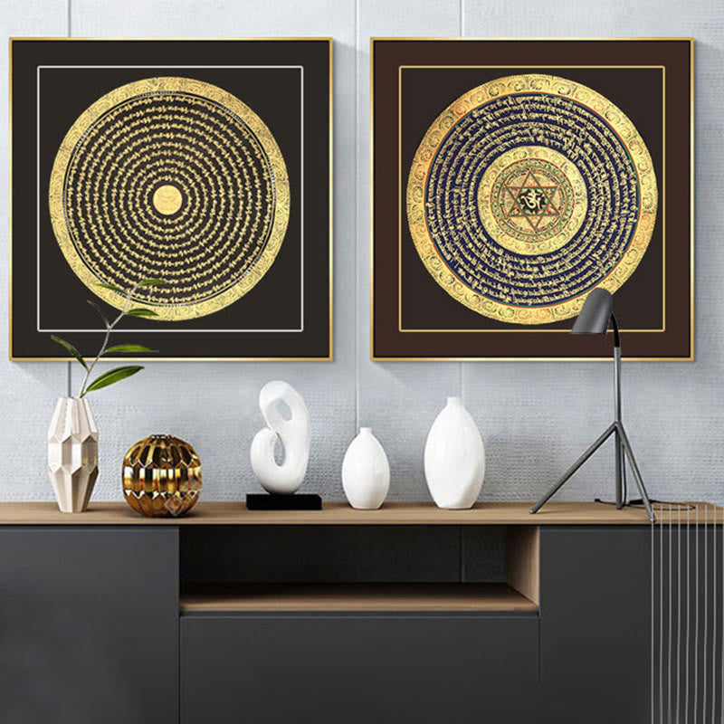 27 cm großes tibetisches Thangka-Gemälde mit sechs wahren Worten, Schrift, Meditationsdekor
