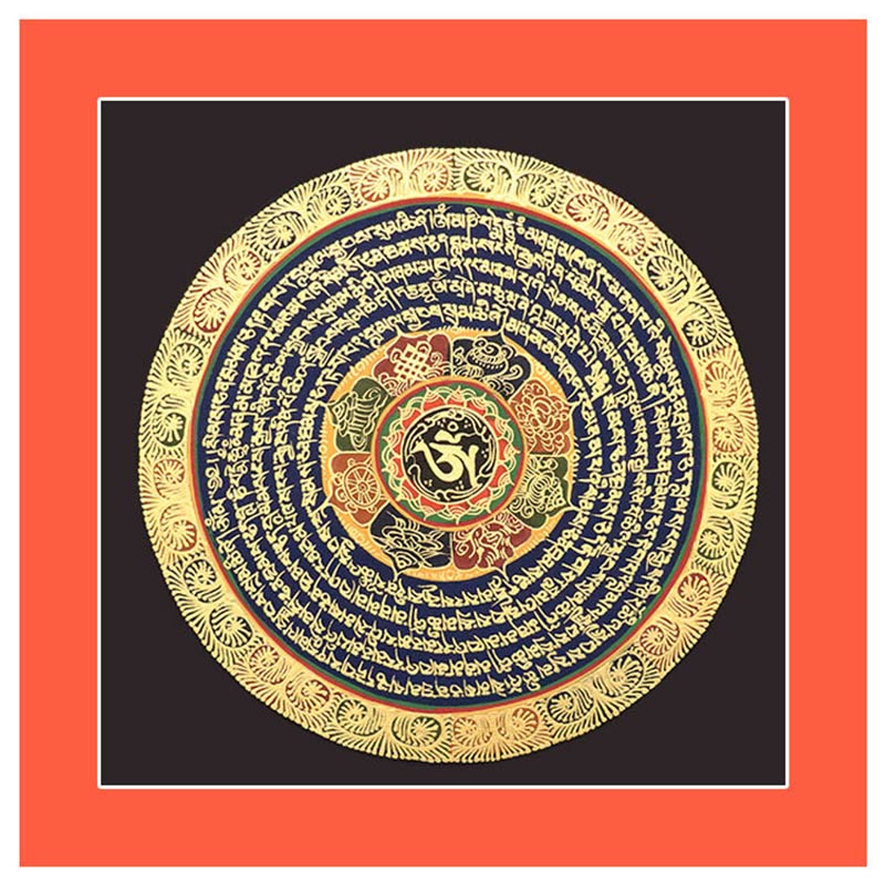 27 cm großes tibetisches Thangka-Gemälde mit sechs wahren Worten, Schrift, Meditationsdekor