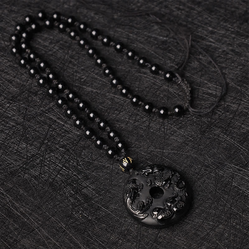 Black Obsidian Luck & Protection Necklace with Dragon Pendant