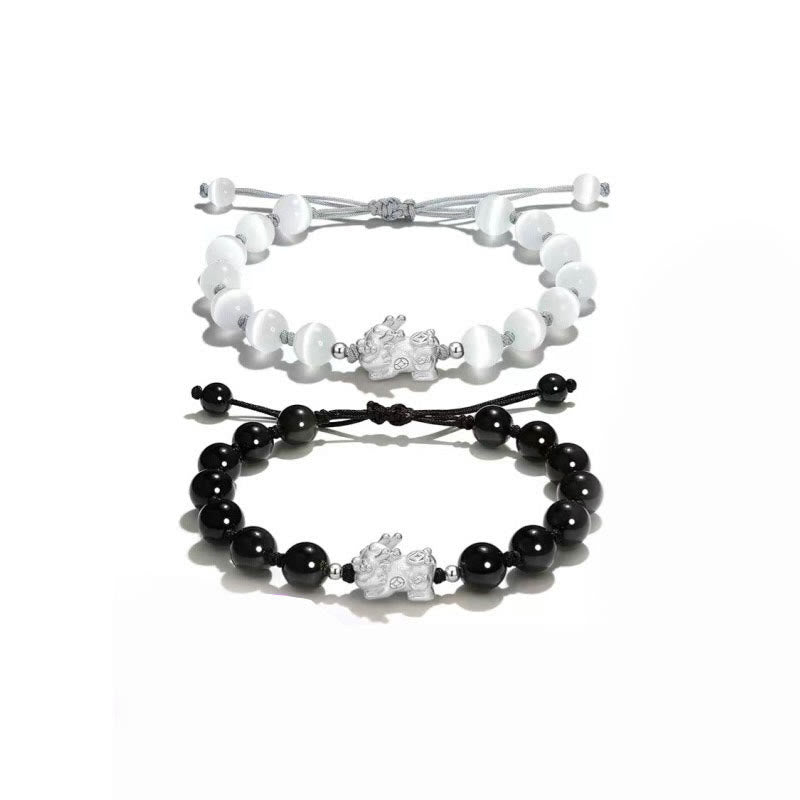 PiXiu Obsidian Cat's Eye Pink Crystal Strength Bracelet