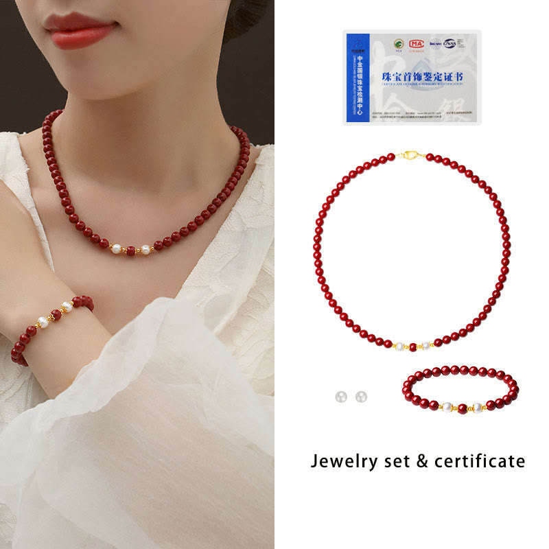 Cinnabar Pearl Blessing Jewelry Set in 925 Sterling Silver