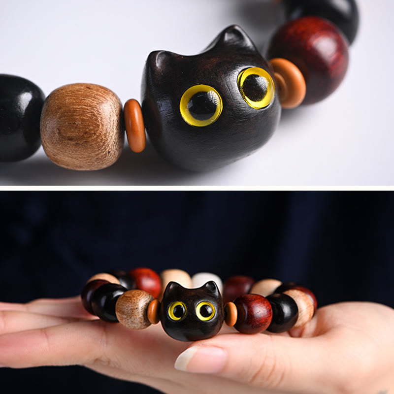 Ebony Wood Protection Bracelet with Small Leaf Red Sandalwood Cat Charm