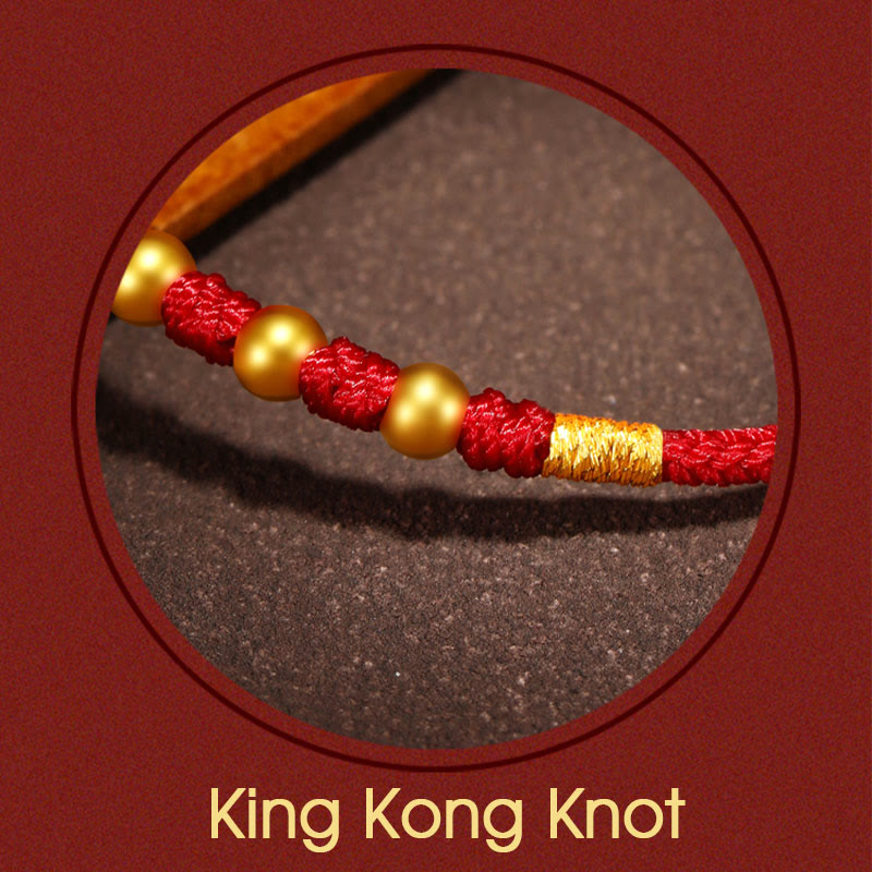Handmade Red String Bracelet with 999 Gold Beads and King Kong Knot for Protection