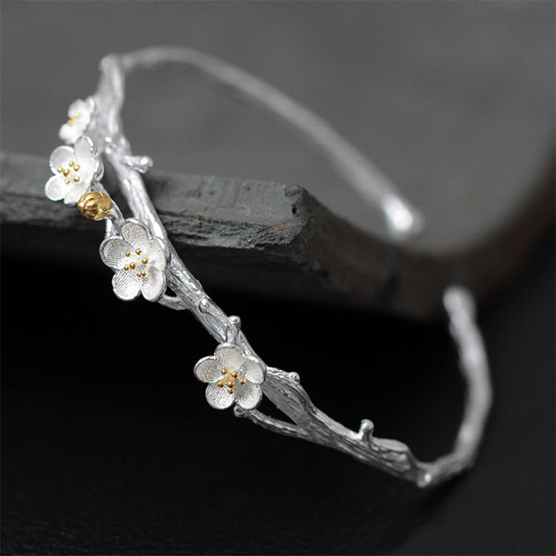 Sterling Silver Plum Flower Blessing Adjustable Spiritual Bracelet
