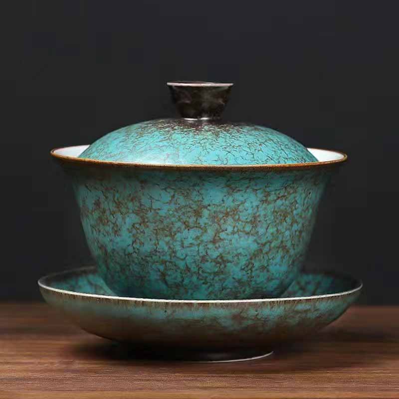 Traditional Pine Tree Green Ceramic Gaiwan Teacup | 150ml | Zen Decor