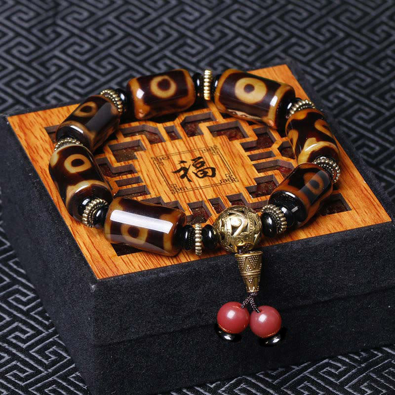 Nine-Eye Dzi Bead Agate Bracelet for Protection & Luck
