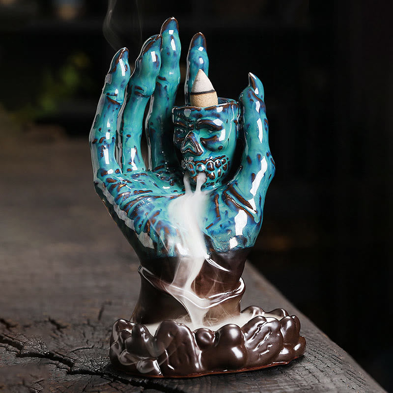 Brown Ceramic Incense Burner Skull Hand Decoration