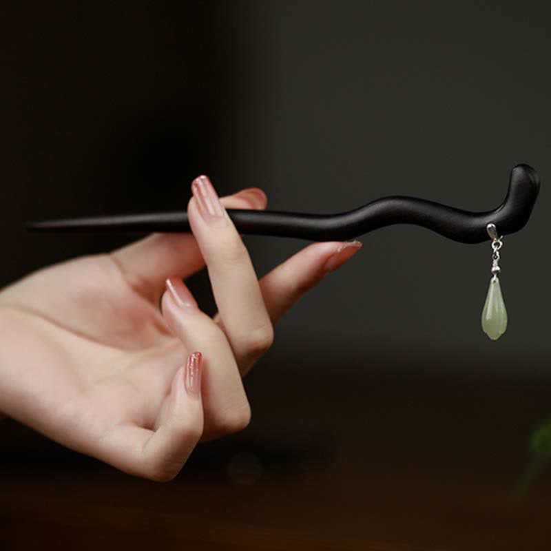 925 Sterling Silver Hetian Jade Ebony Wood Chinese Hairpin for Luck & Calm