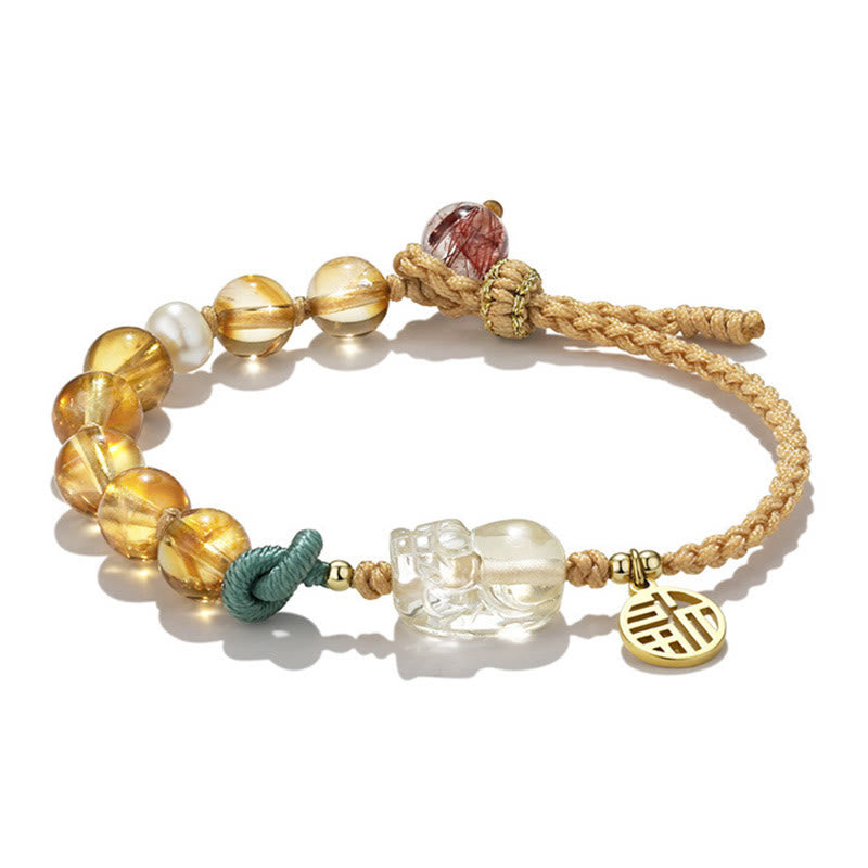 8mm Citrine Prosperity Bracelet with Fu Character and PiXiu Talisman