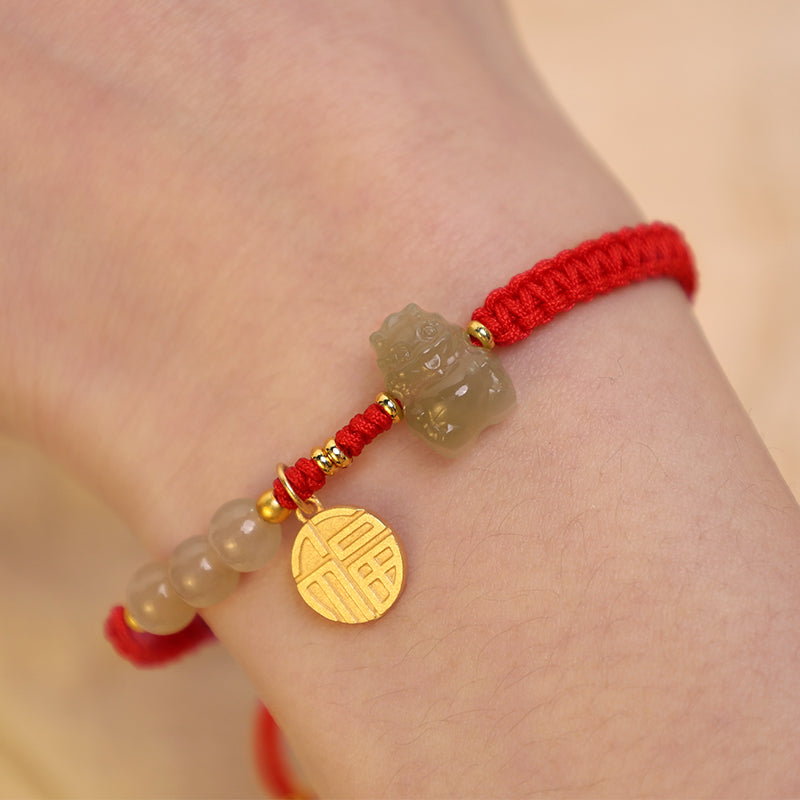 Unisex Hetian Jade Dragon Bracelet with Fu Character for Luck