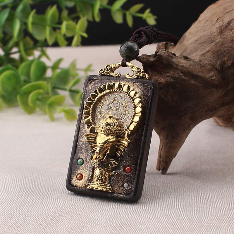 Ebony Wood Elephant Necklace with God of Fortune Pendant