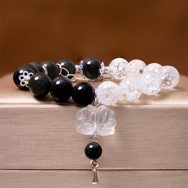 Silver Sheen Obsidian Protection Bracelet with Yin Yang Lotus Charm