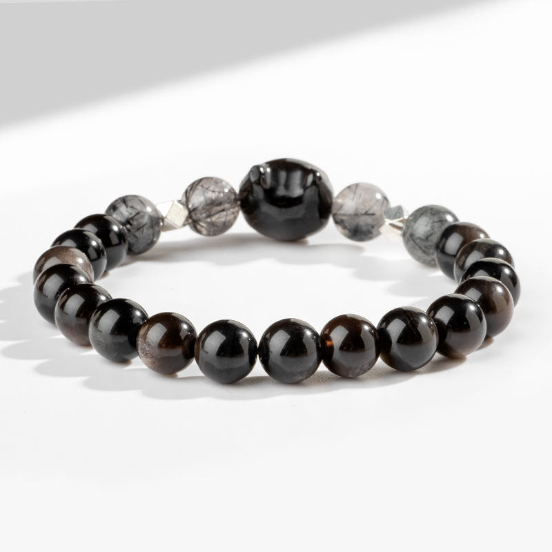 8mm Silver Sheen Obsidian Cat Head Protection Bracelet
