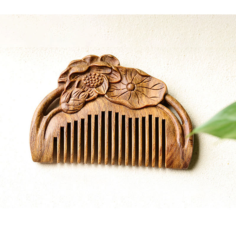 Green Sandalwood Lotus Flower Engraved Soothing Comb