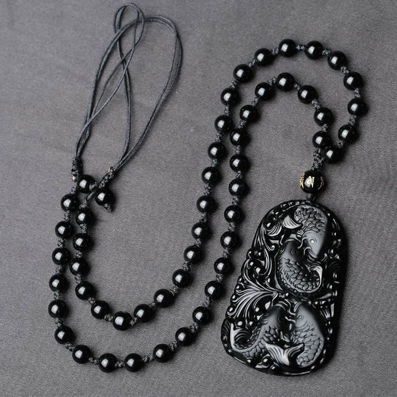 Black Obsidian Koi Fish Strength Necklace Pendant