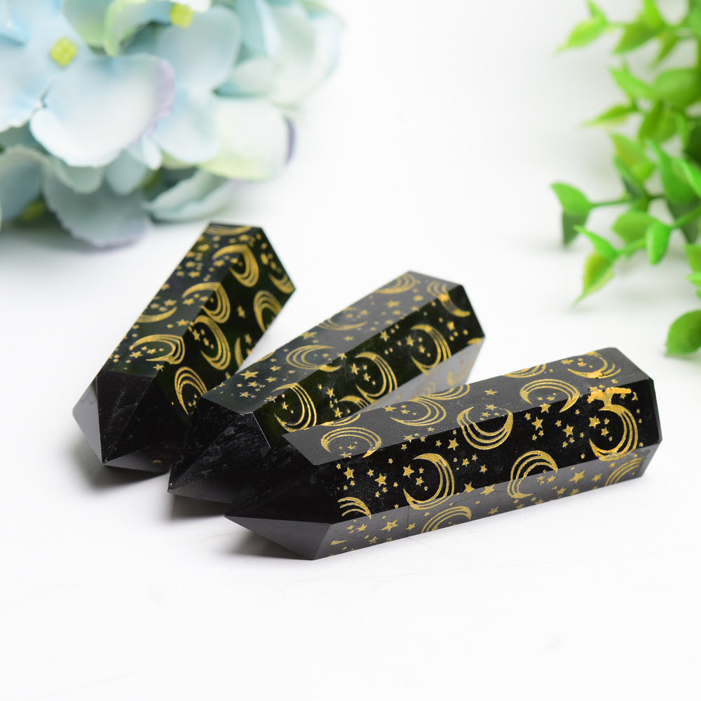 3.0-3.5 Inch Black Obsidian Crystal Point with Golden Moon Star Printing