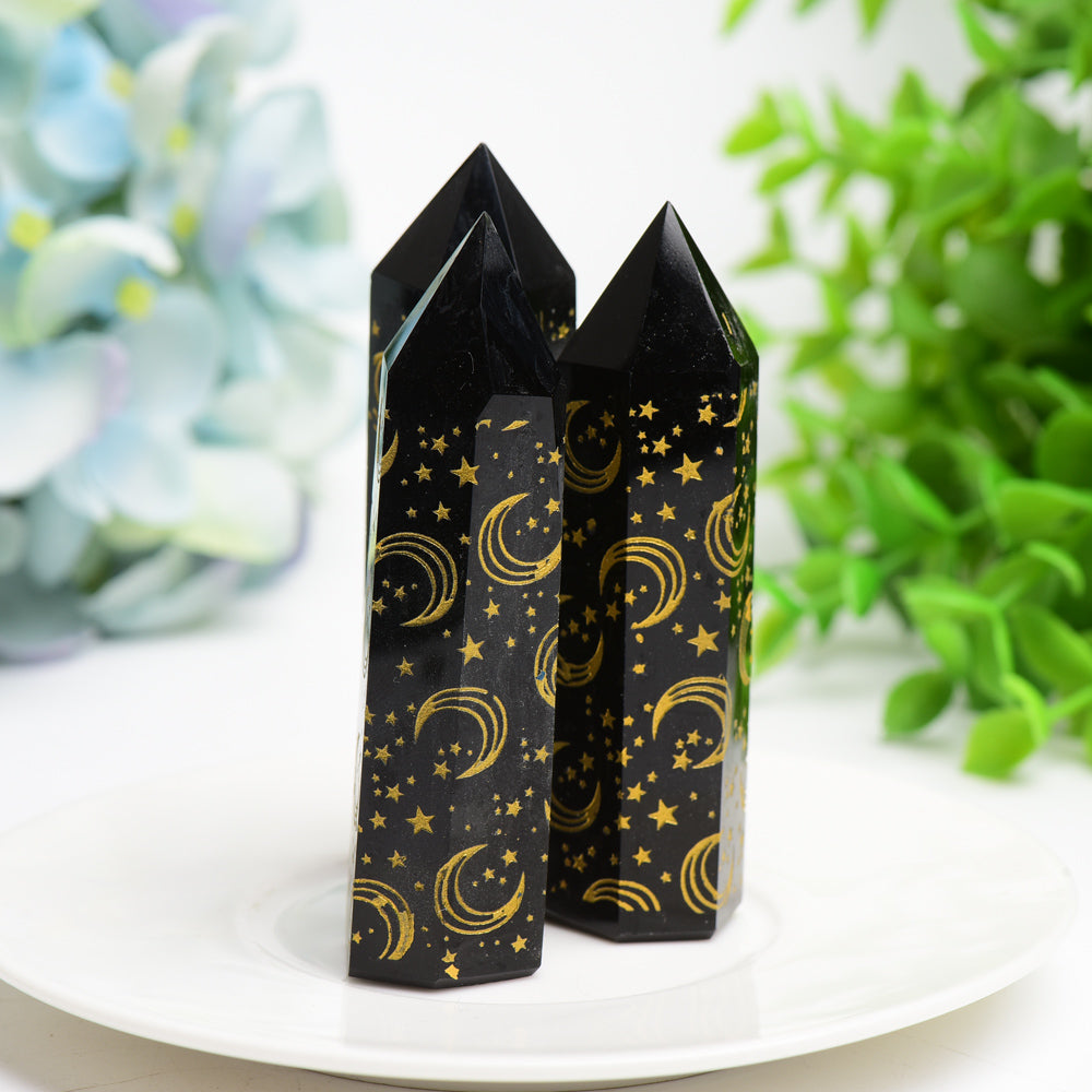 3.0-3.5 Inch Black Obsidian Crystal Point with Golden Moon Star Printing