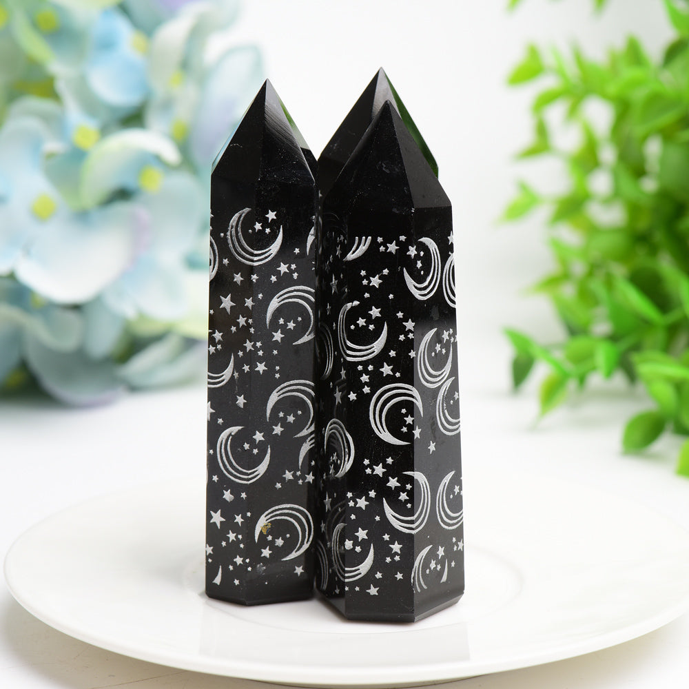 3.0-3.5 inch Black Obsidian Crystal Point with Silver Moon Star