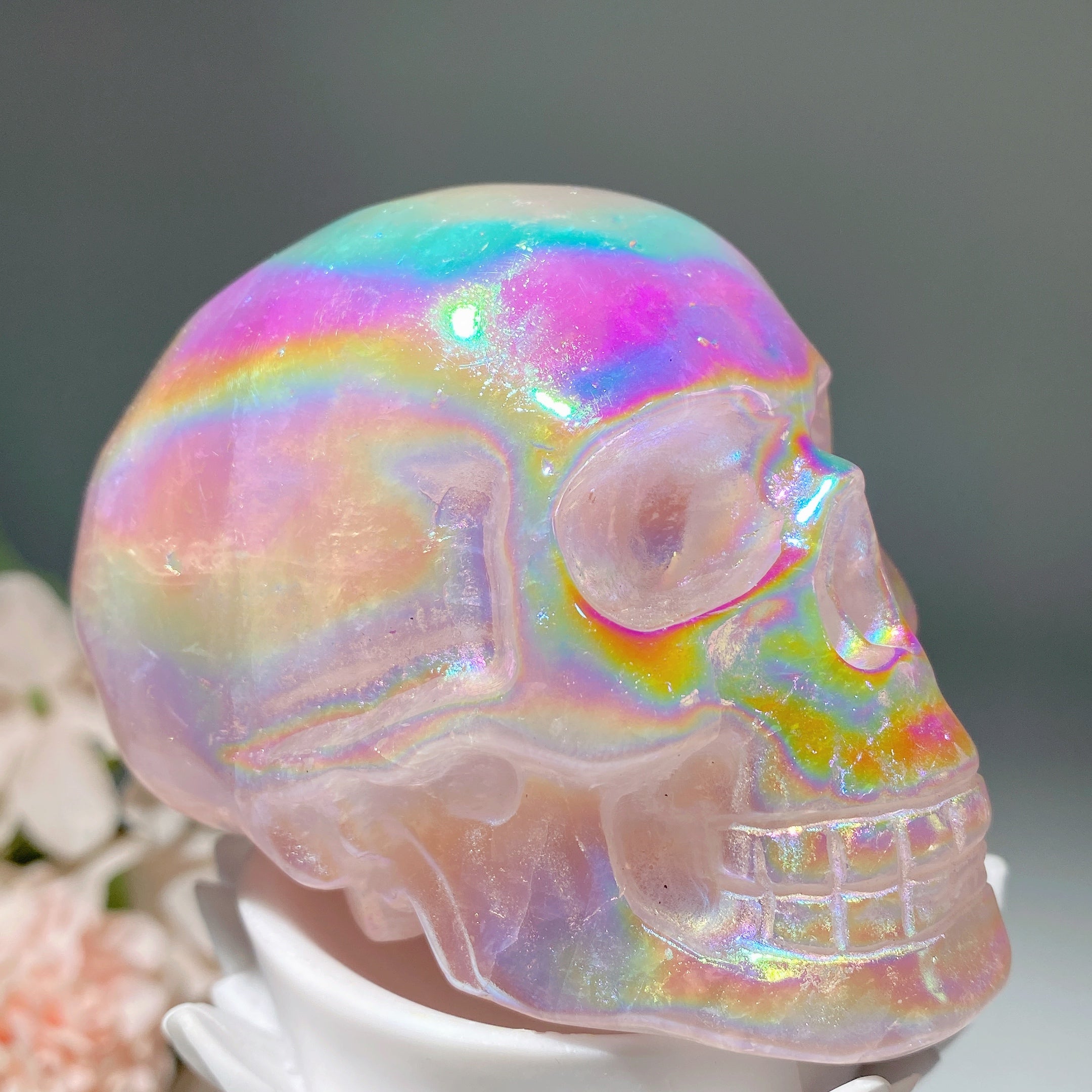 3.1" Aura Rose Quartz Crystal Skull Carving for Healing