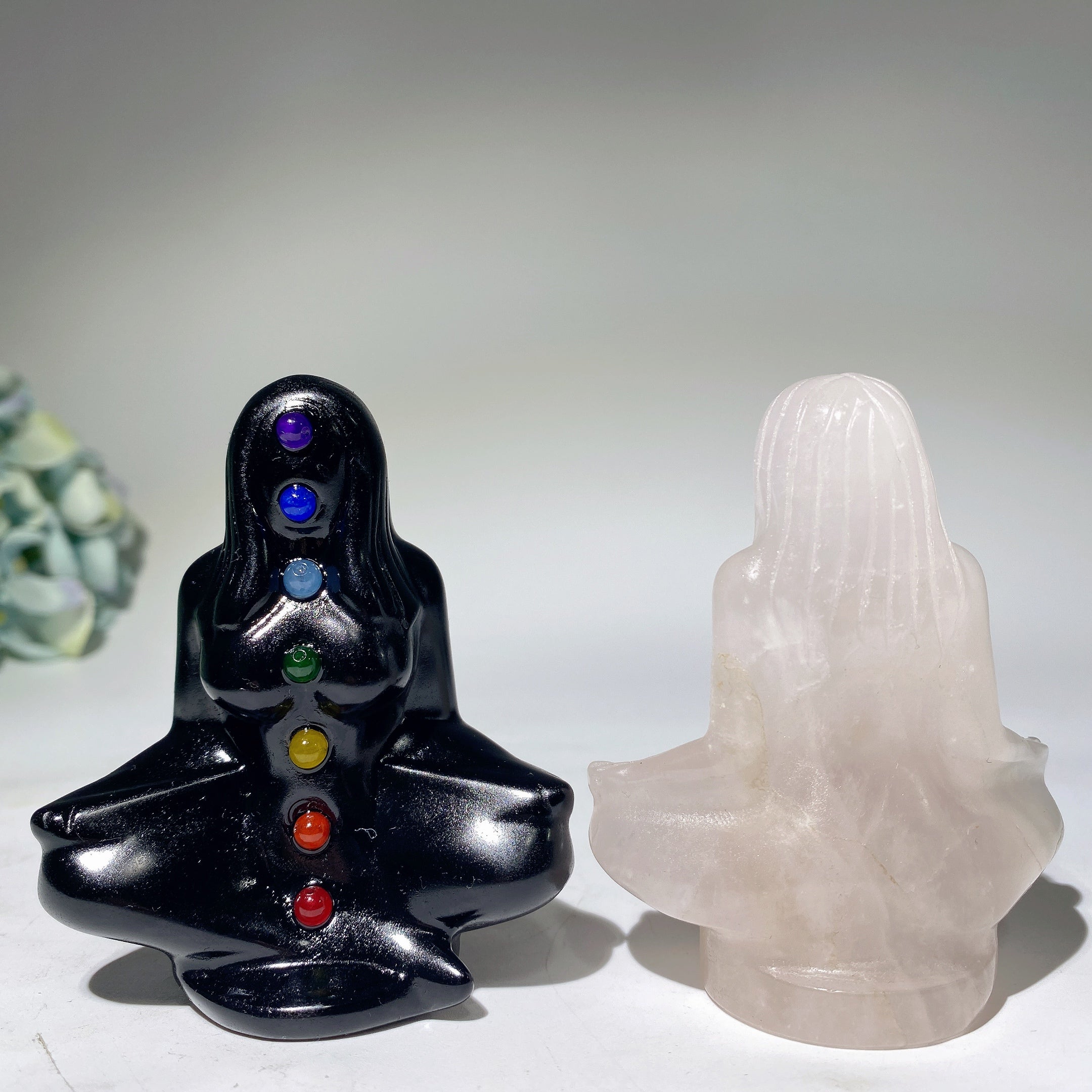 3.1" Black Obsidian Meditation Crystal Figurine with Chakras