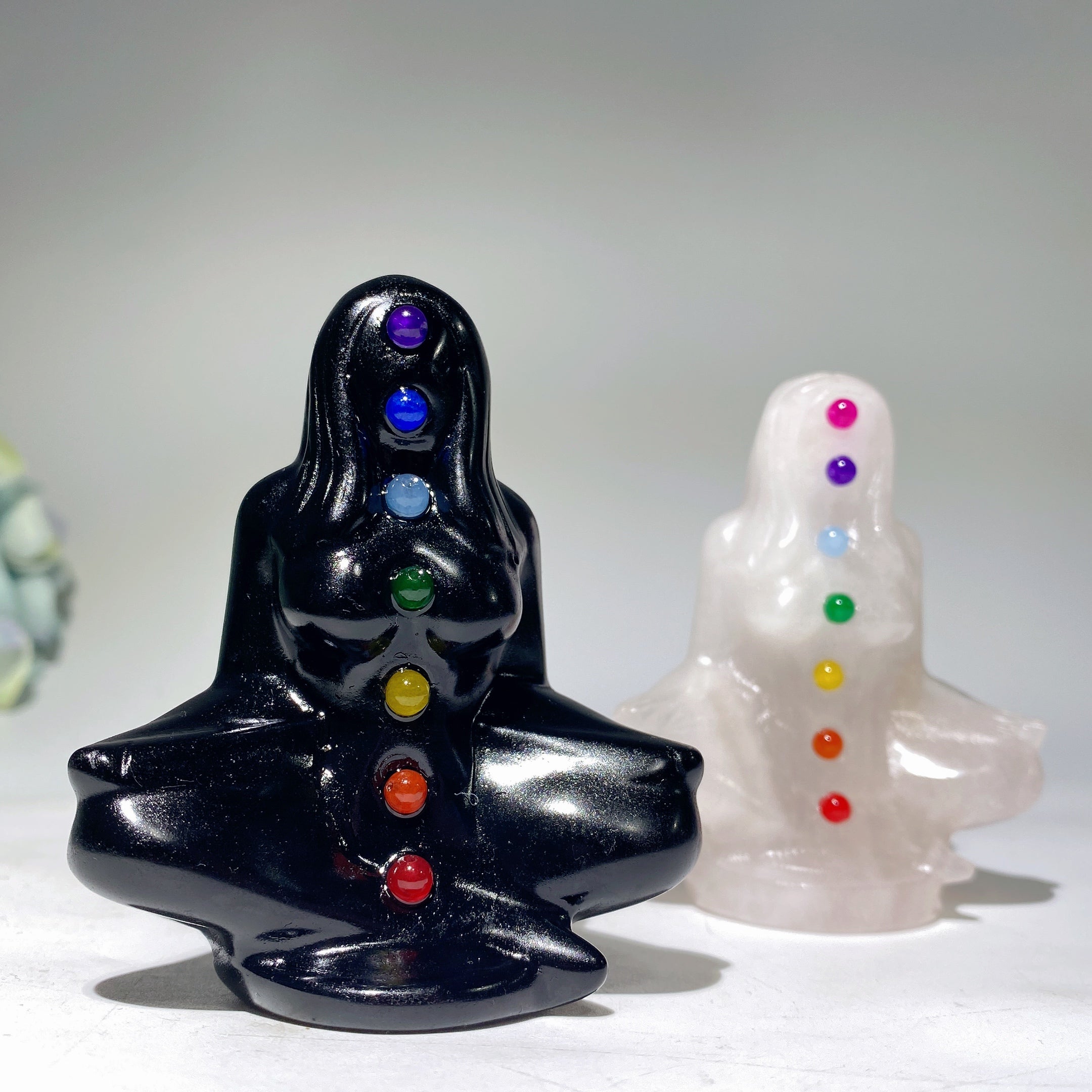 3.1" Black Obsidian Meditation Crystal Figurine with Chakras