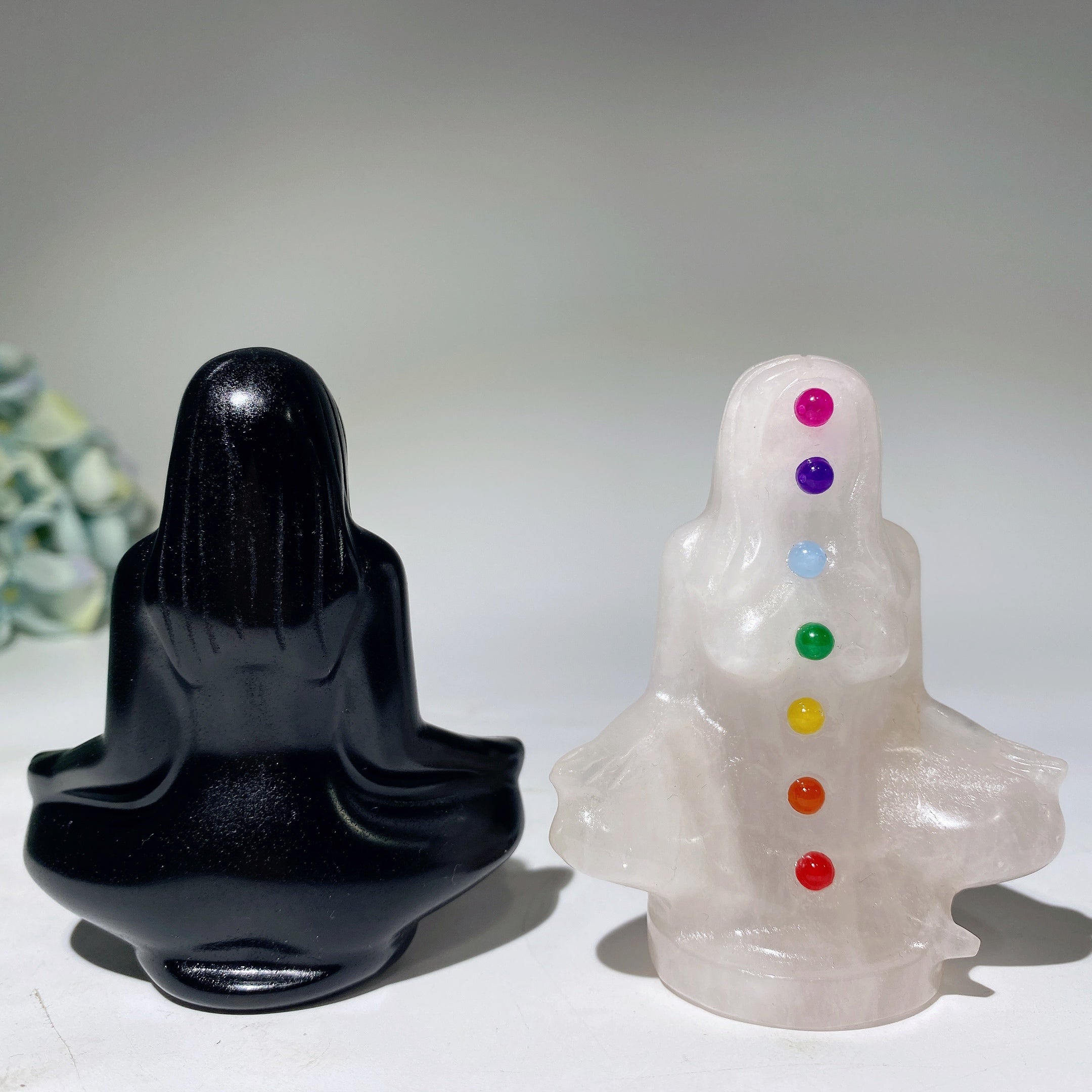 3.1" Black Obsidian Meditation Crystal Figurine with Chakras