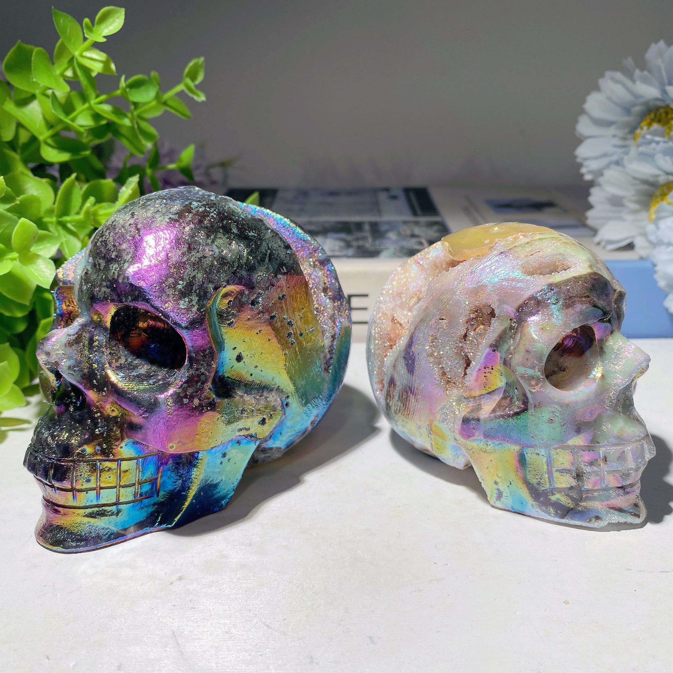 3.2-4.0" Aura Druzy Zinc Crystal Skull Carvings Healing
