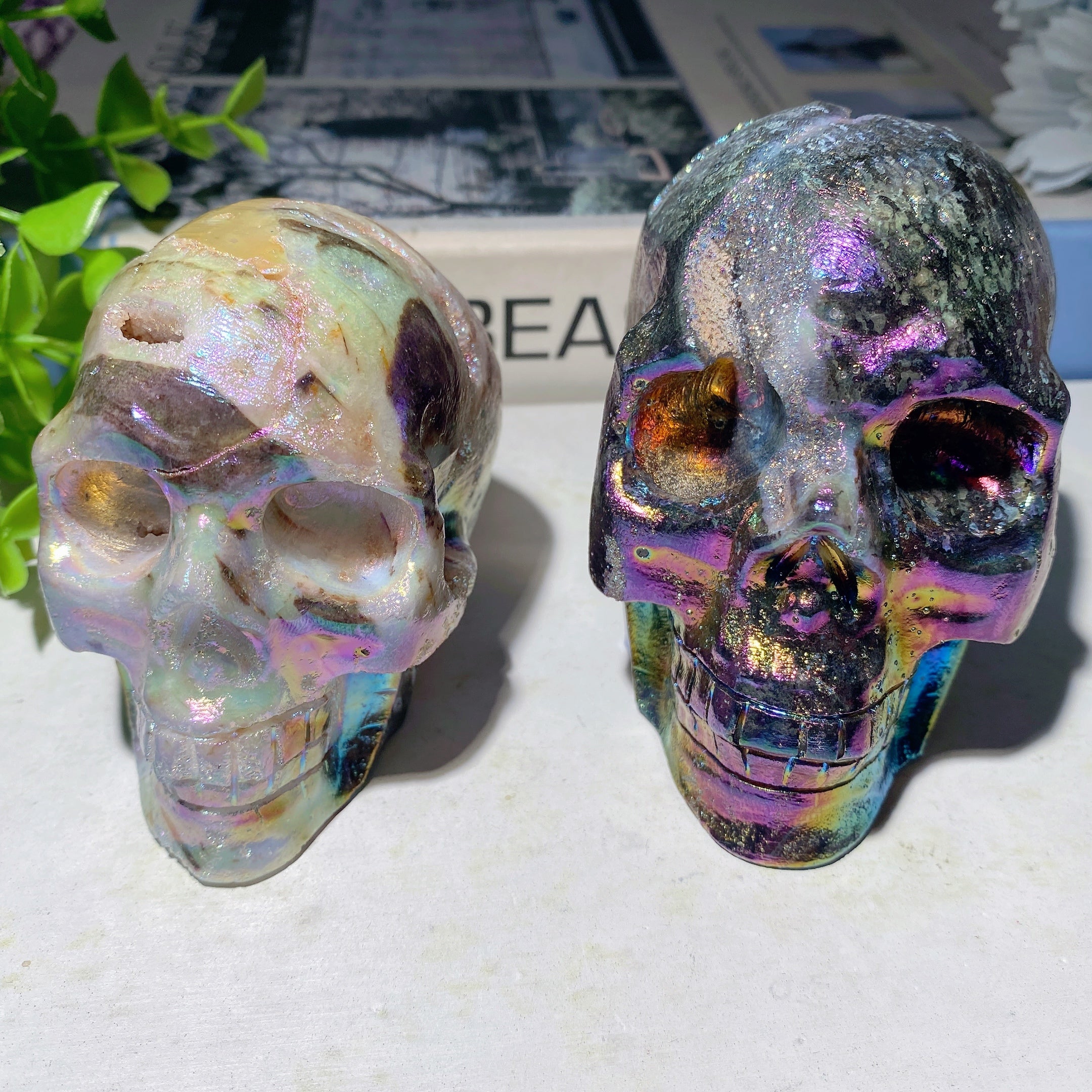 3.2-4.0" Aura Druzy Zinc Crystal Skull Carvings Healing