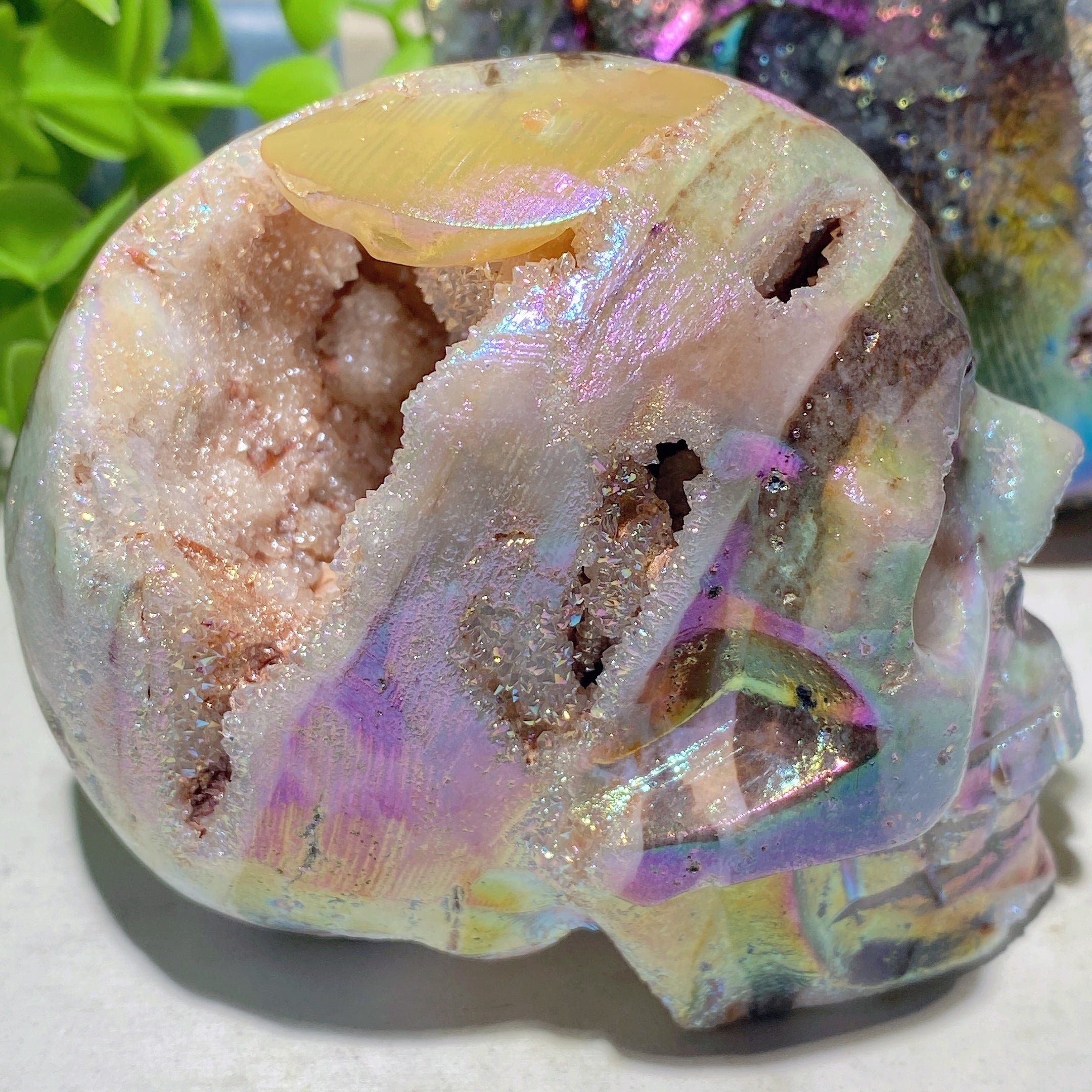 3.2-4.0" Aura Druzy Zinc Crystal Skull Carvings Healing