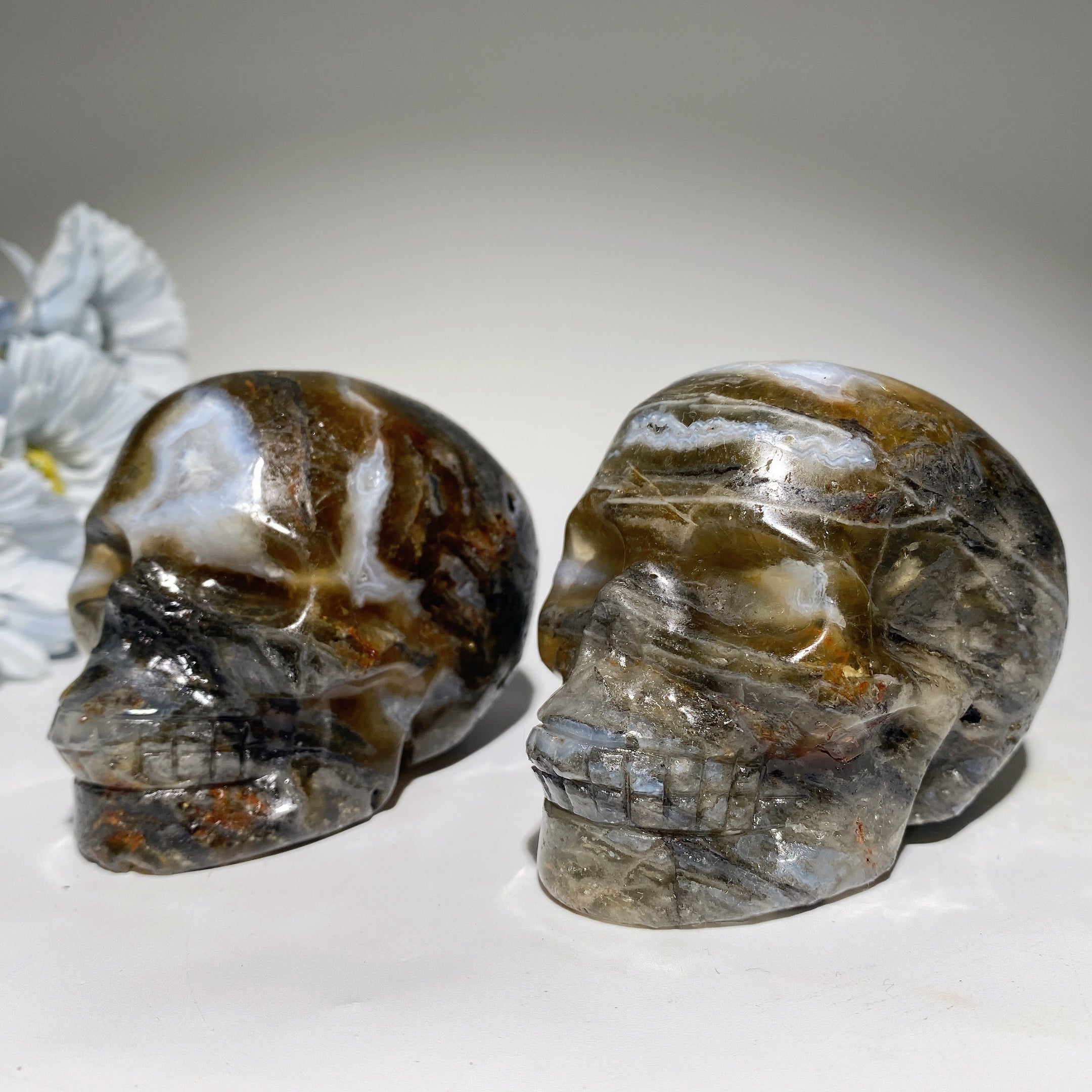 3.3 inch Moss Agate and Fluorite Crystal Skull Carving for Healing