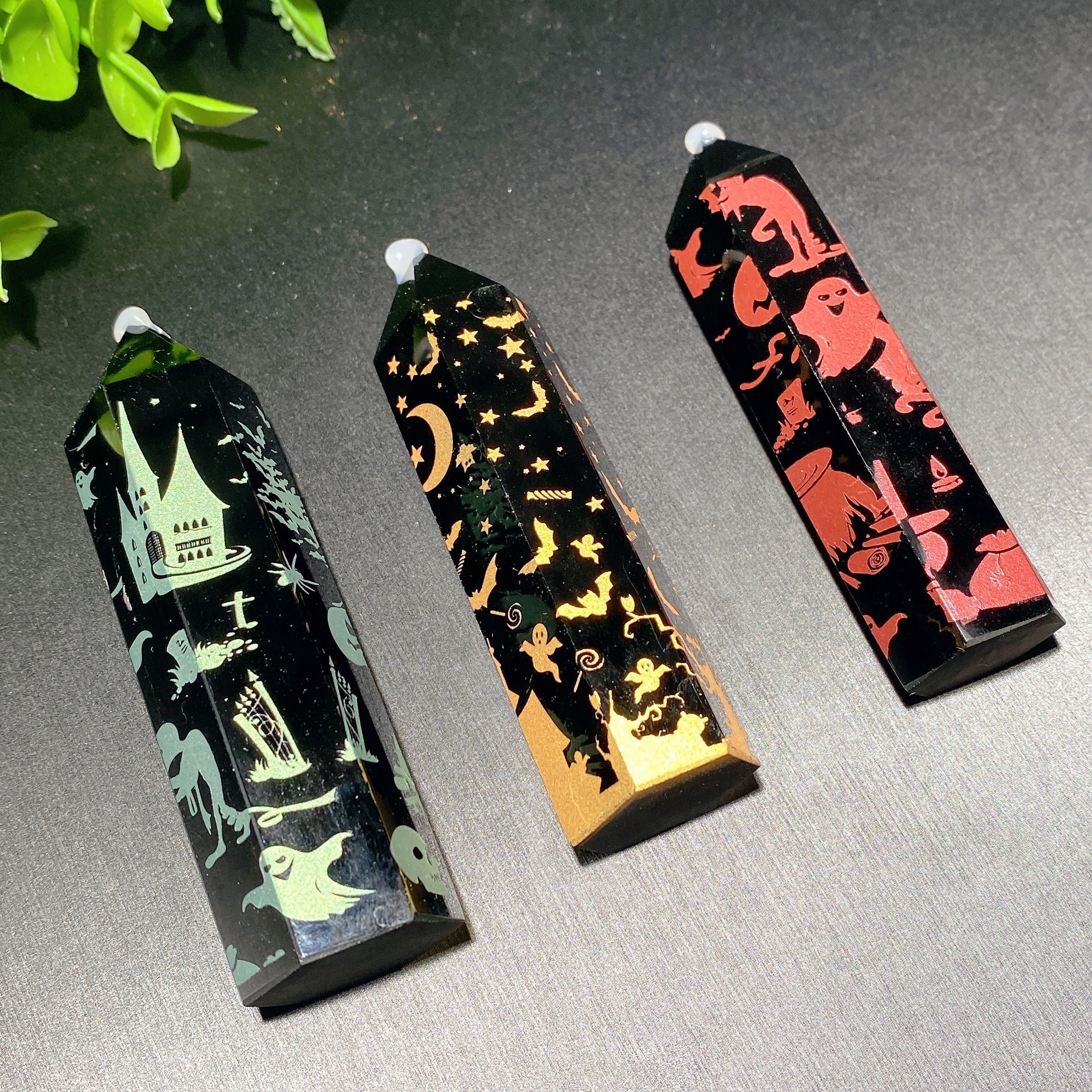 3.3in Black Obsidian Crystal Point with Halloween Printing