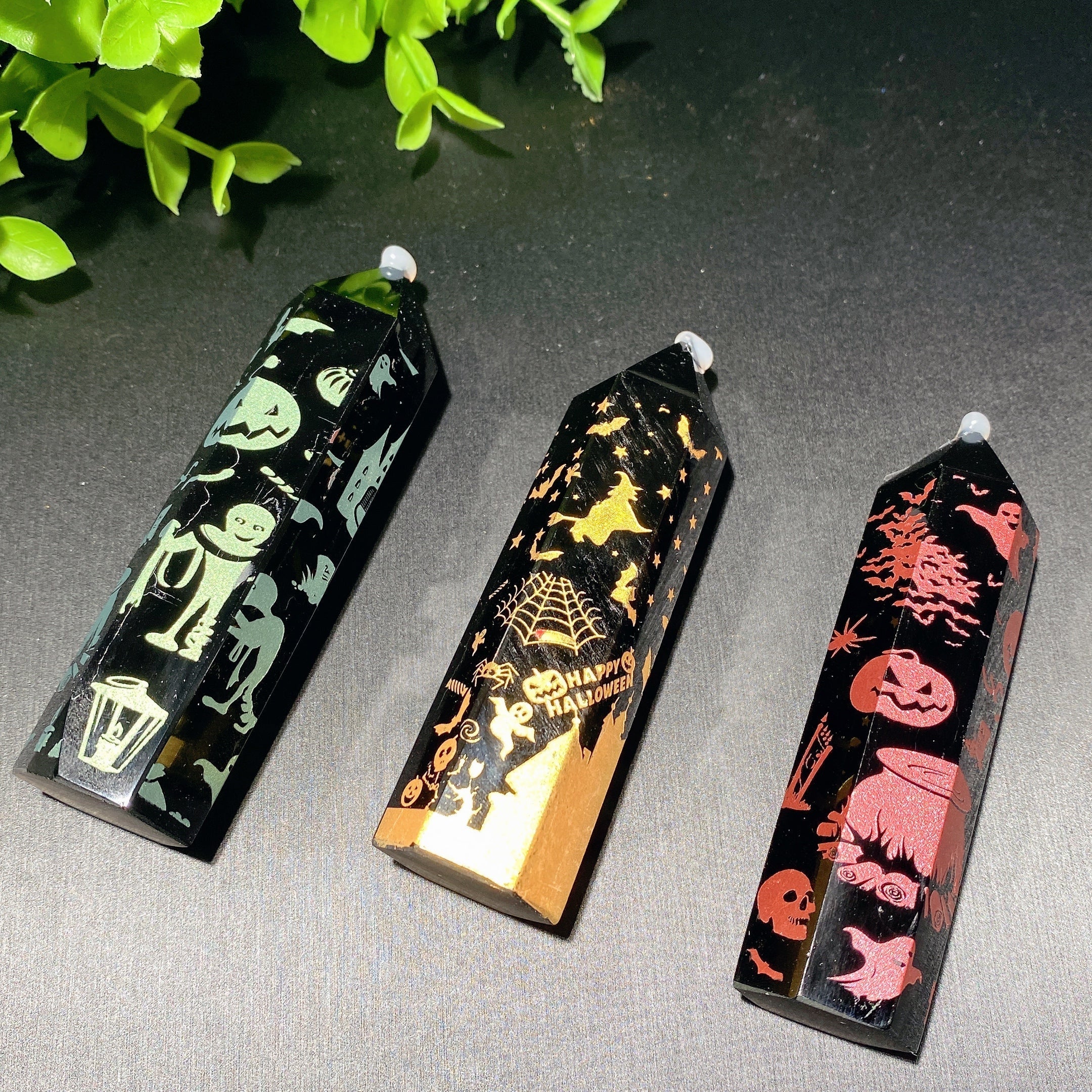 3.3in Black Obsidian Crystal Point with Halloween Printing