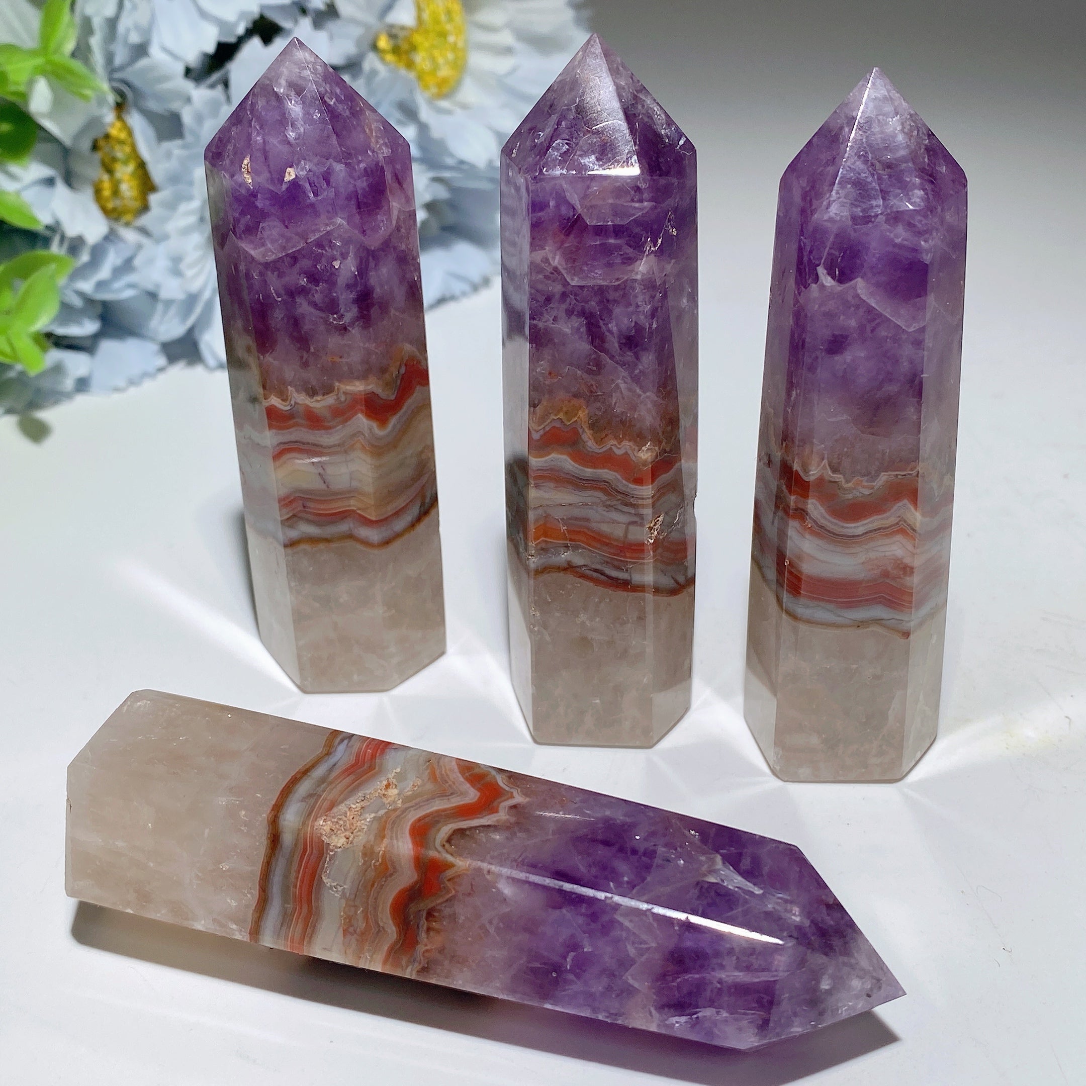 3,5"-3,8" gestreifte Achat- und Amethyst-Kristallspitze