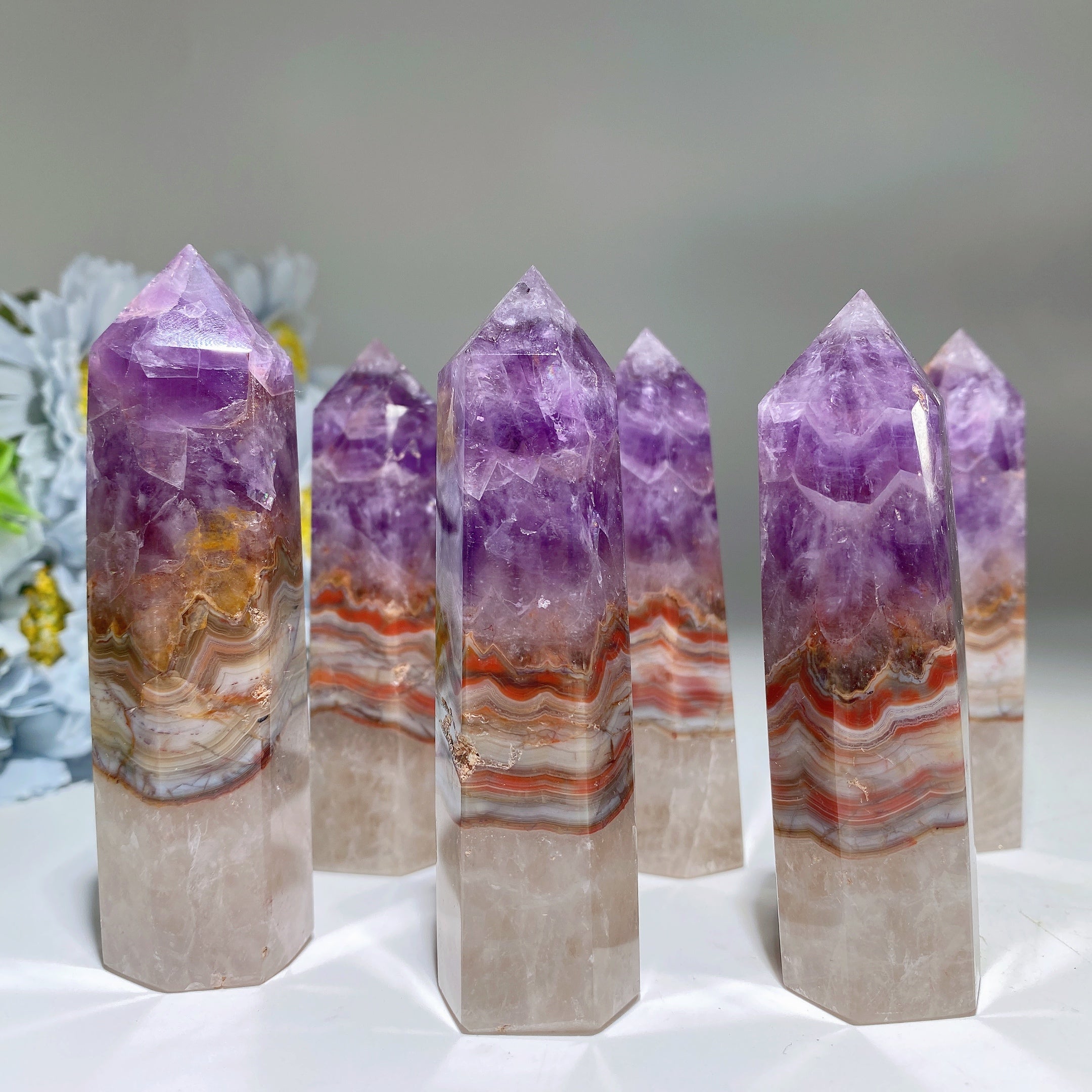 3,5"-3,8" gestreifte Achat- und Amethyst-Kristallspitze