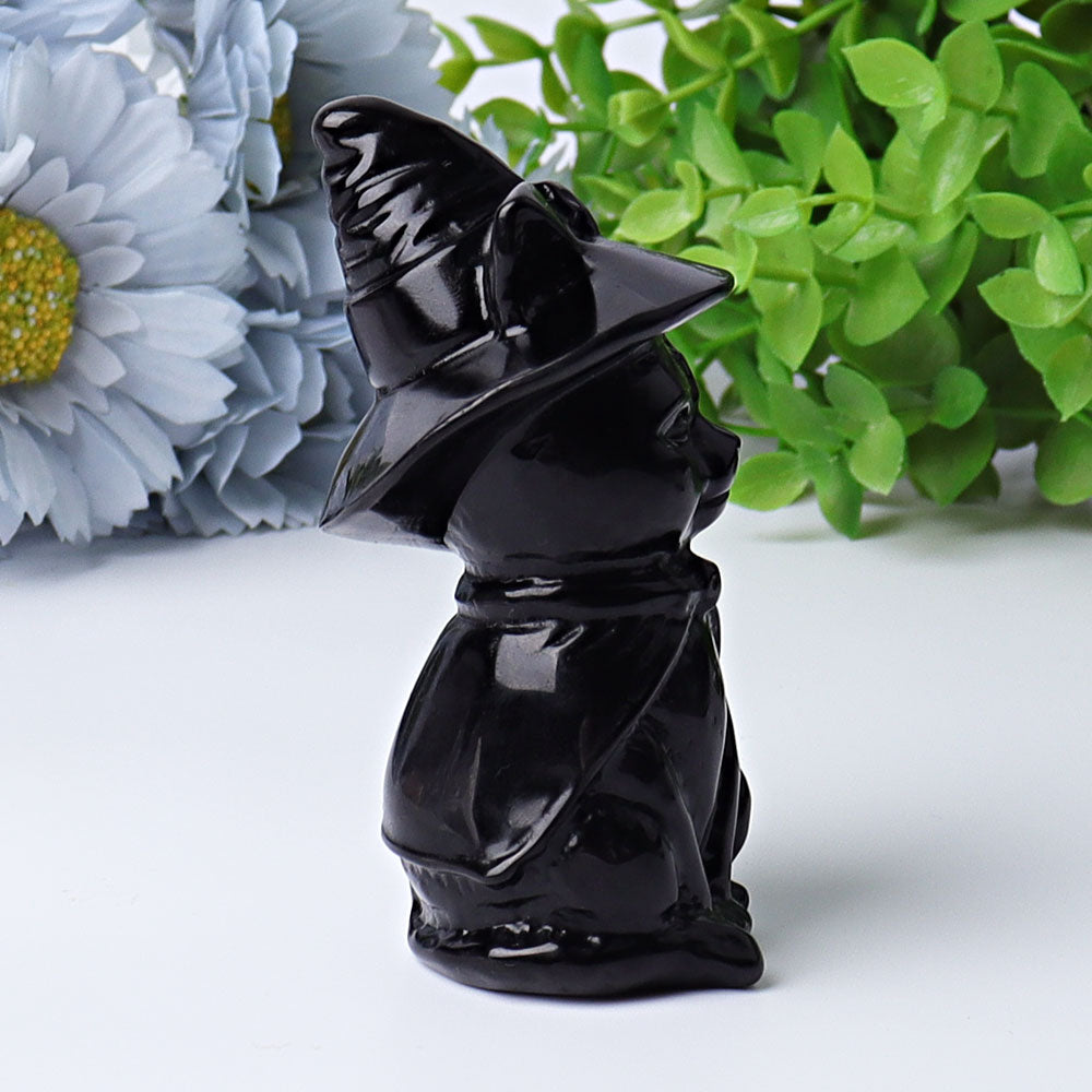 3,5 Zoll schwarze Obsidian-Katzenkristallfigur mit Hexenhut