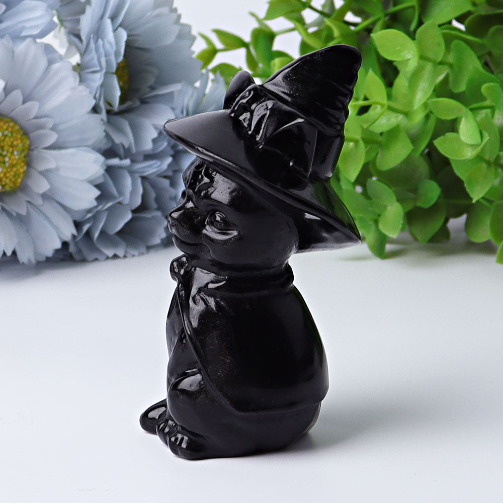 3,5 Zoll schwarze Obsidian-Katzenkristallfigur mit Hexenhut