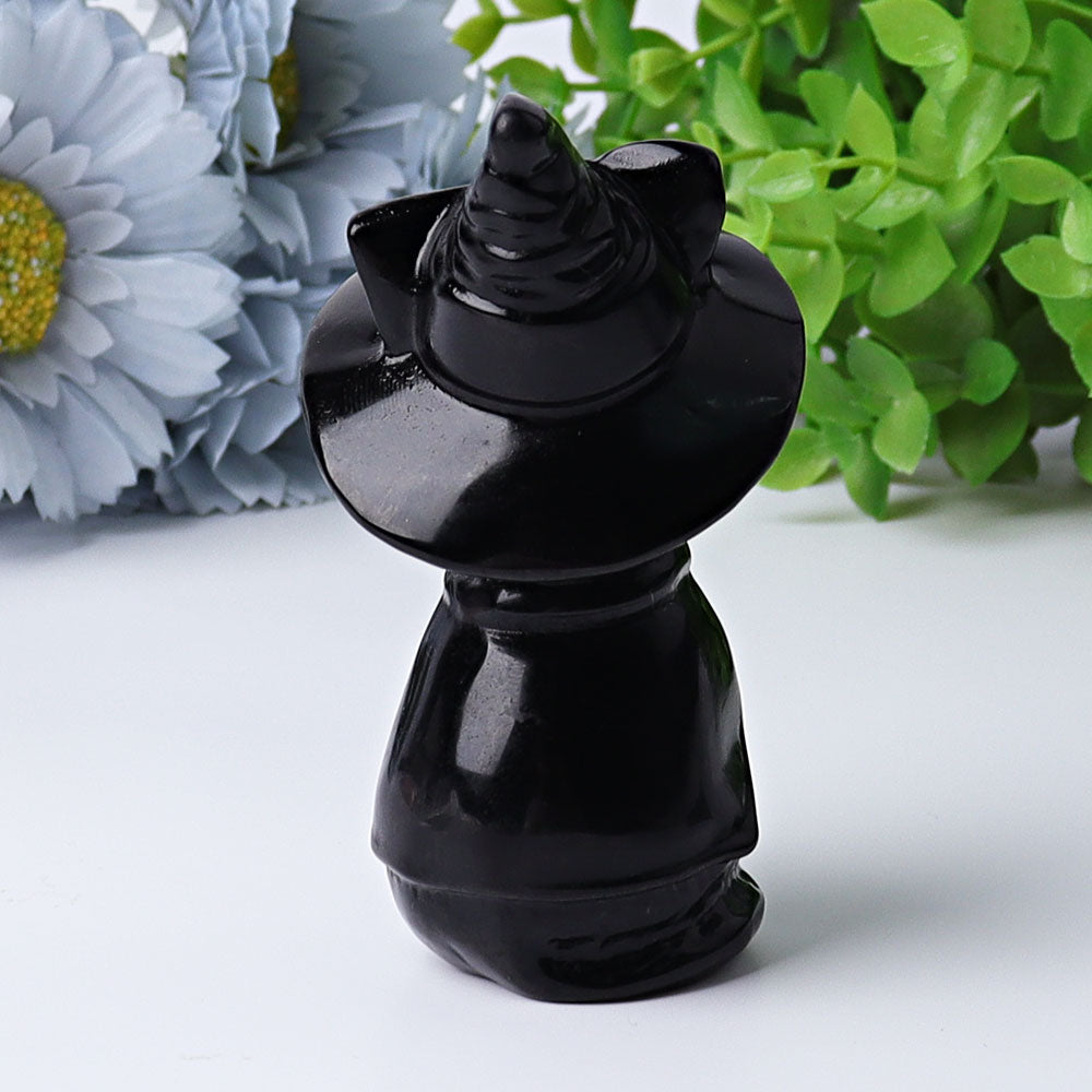 3,5 Zoll schwarze Obsidian-Katzenkristallfigur mit Hexenhut