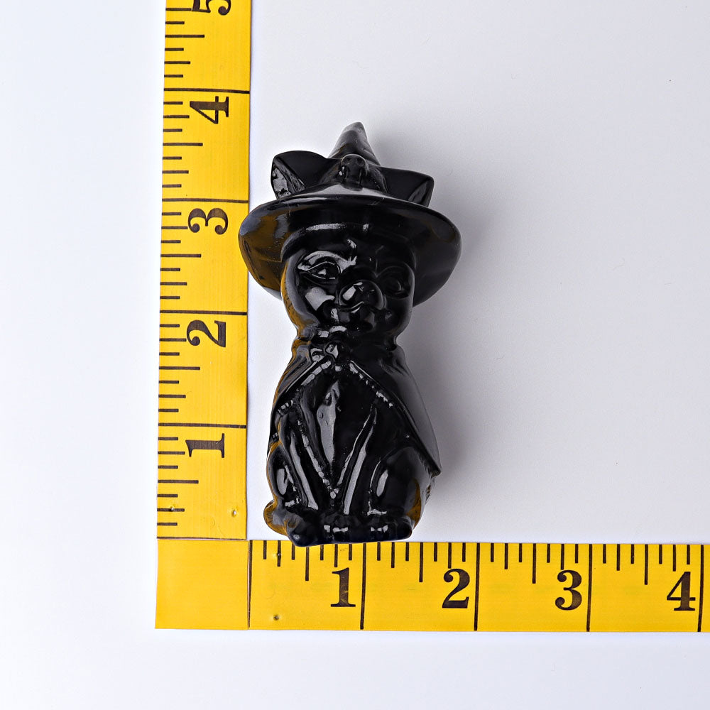 3,5 Zoll schwarze Obsidian-Katzenkristallfigur mit Hexenhut