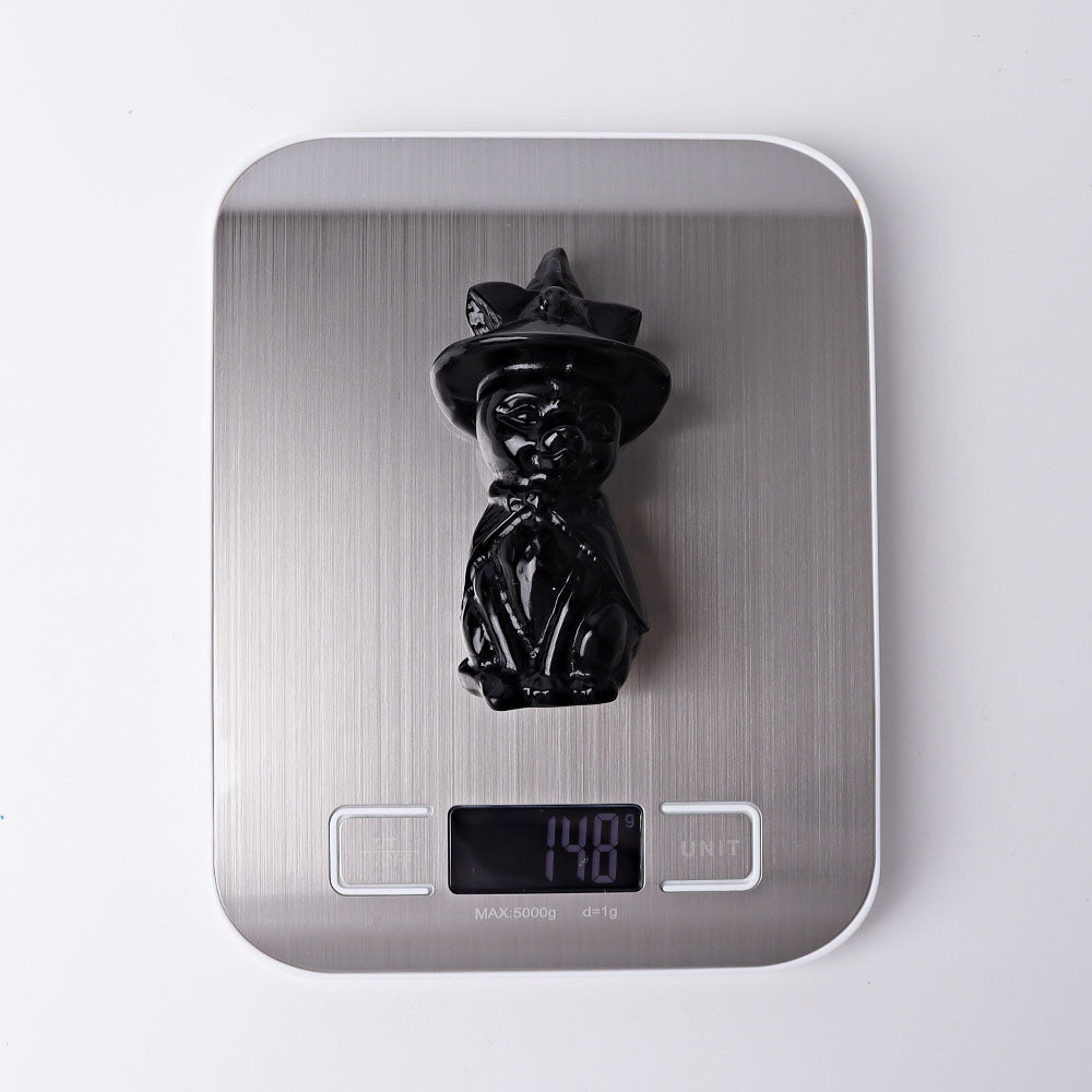 3,5 Zoll schwarze Obsidian-Katzenkristallfigur mit Hexenhut