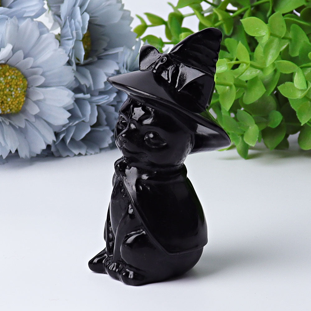 3,5 Zoll schwarze Obsidian-Katzenkristallfigur mit Hexenhut
