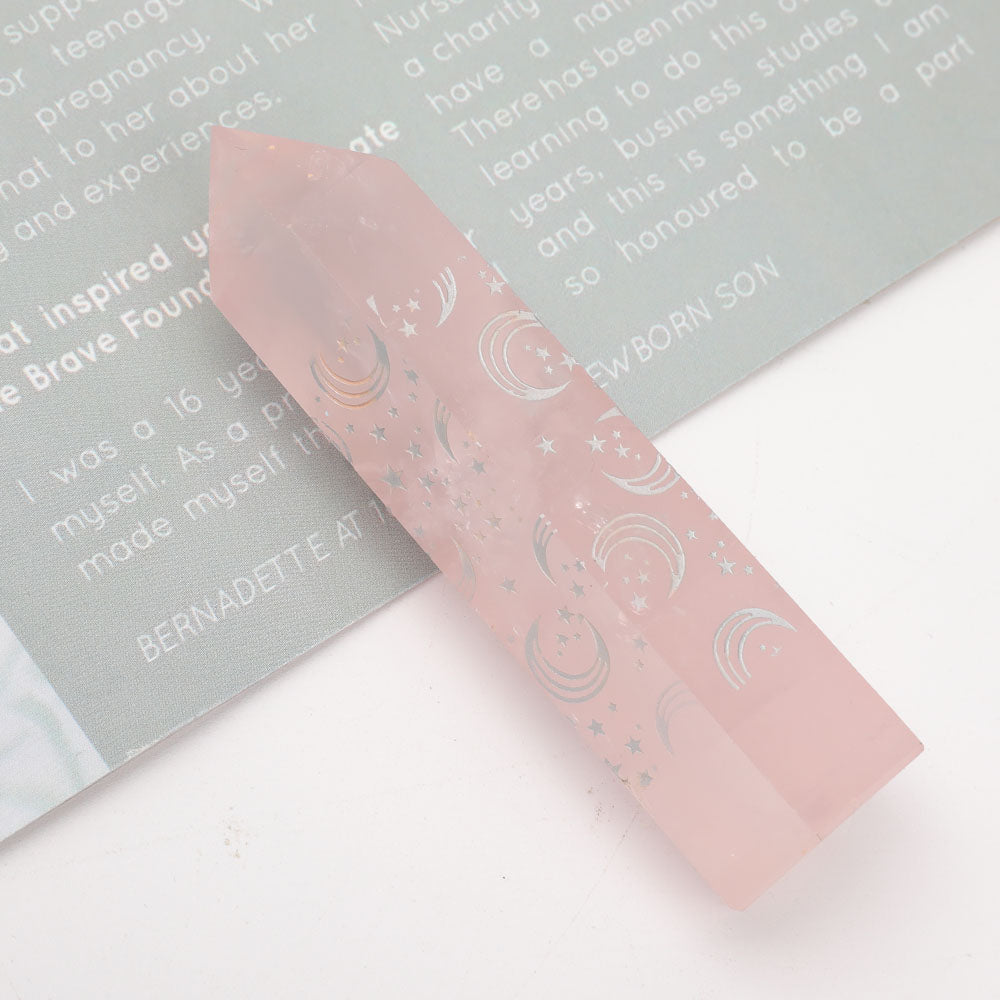 3.6 Inch Rose Quartz Crystal Point with Laser Engraved Moons