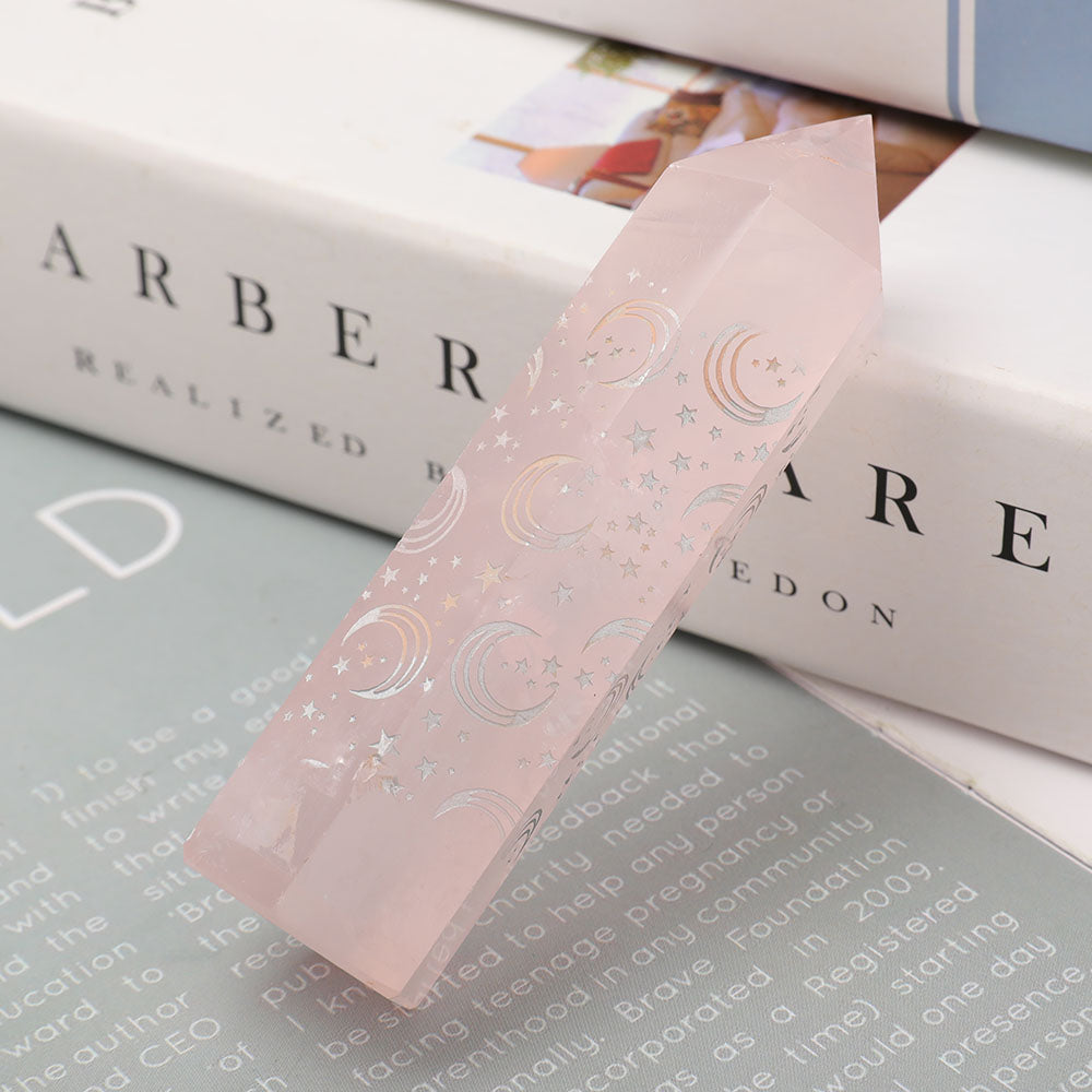 3.6 Inch Rose Quartz Crystal Point with Laser Engraved Moons