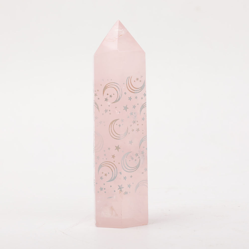 3.6 Inch Rose Quartz Crystal Point with Laser Engraved Moons