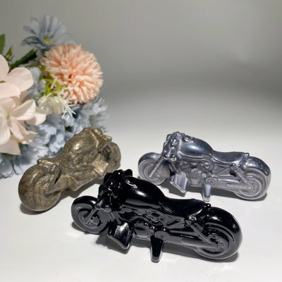 3,9 Zoll Pyrit Terahertz Schwarzer Obsidian Kristall Motorrad Figur