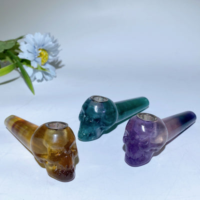 3,9 Zoll Gelb Grün Lila Fluorit Totenkopf Pfeife Figur