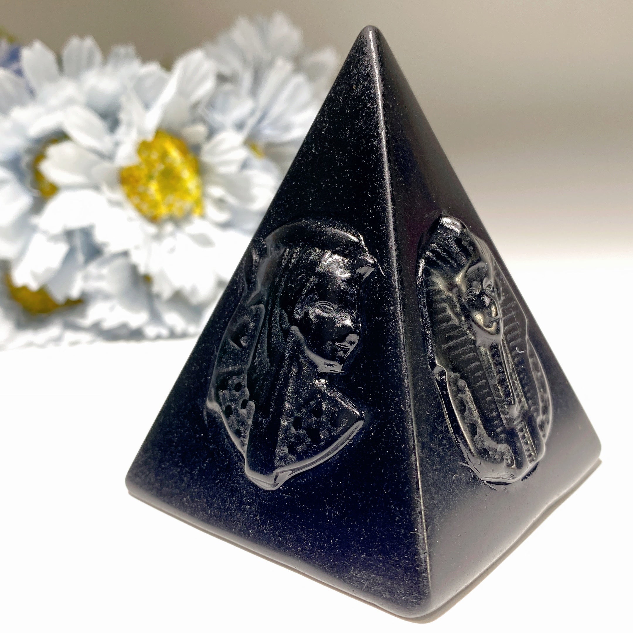 3 Inch Black Obsidian Pyramid with Egyptian Carvings