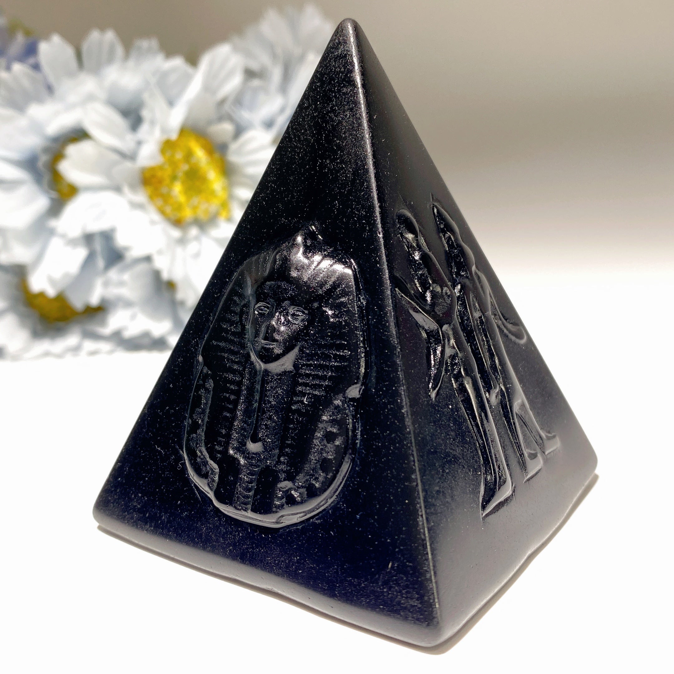 3 Inch Black Obsidian Pyramid with Egyptian Carvings