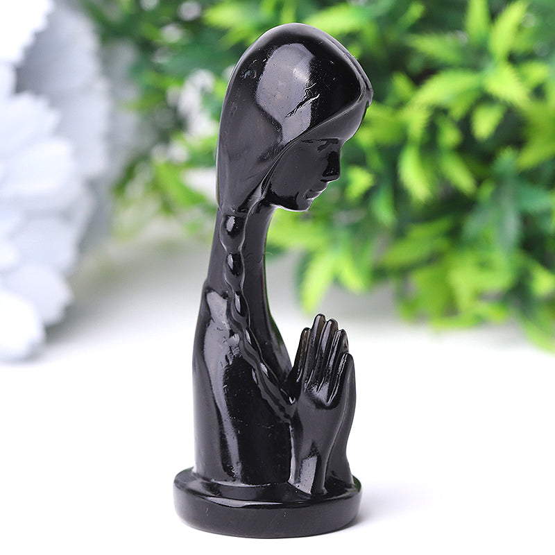 3 Zoll große Gebetskristallfigur aus schwarzem Obsidian
