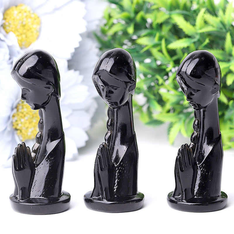 3 Zoll große Gebetskristallfigur aus schwarzem Obsidian